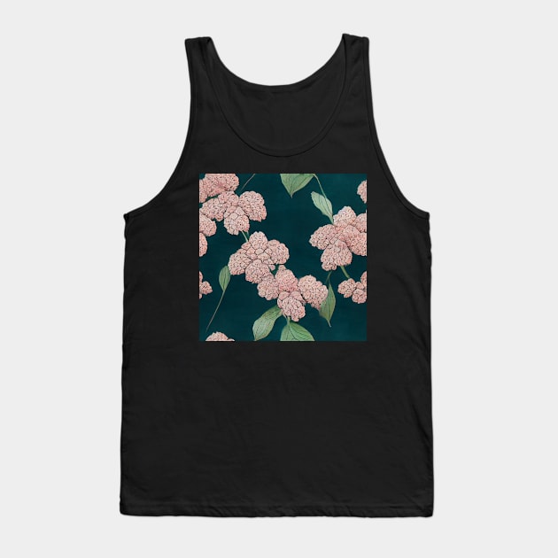 Pink Hydrangeas on Dark Green Floral Chiyogami Pattern Tank Top by kansaikate